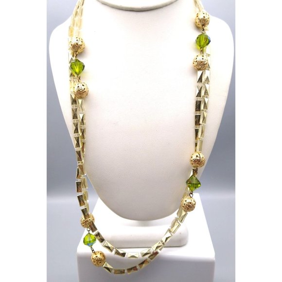 Lightweight Vintage Sparkle Necklace, Unique Gilded Beads with Green Lucite - Picture 2 of 5